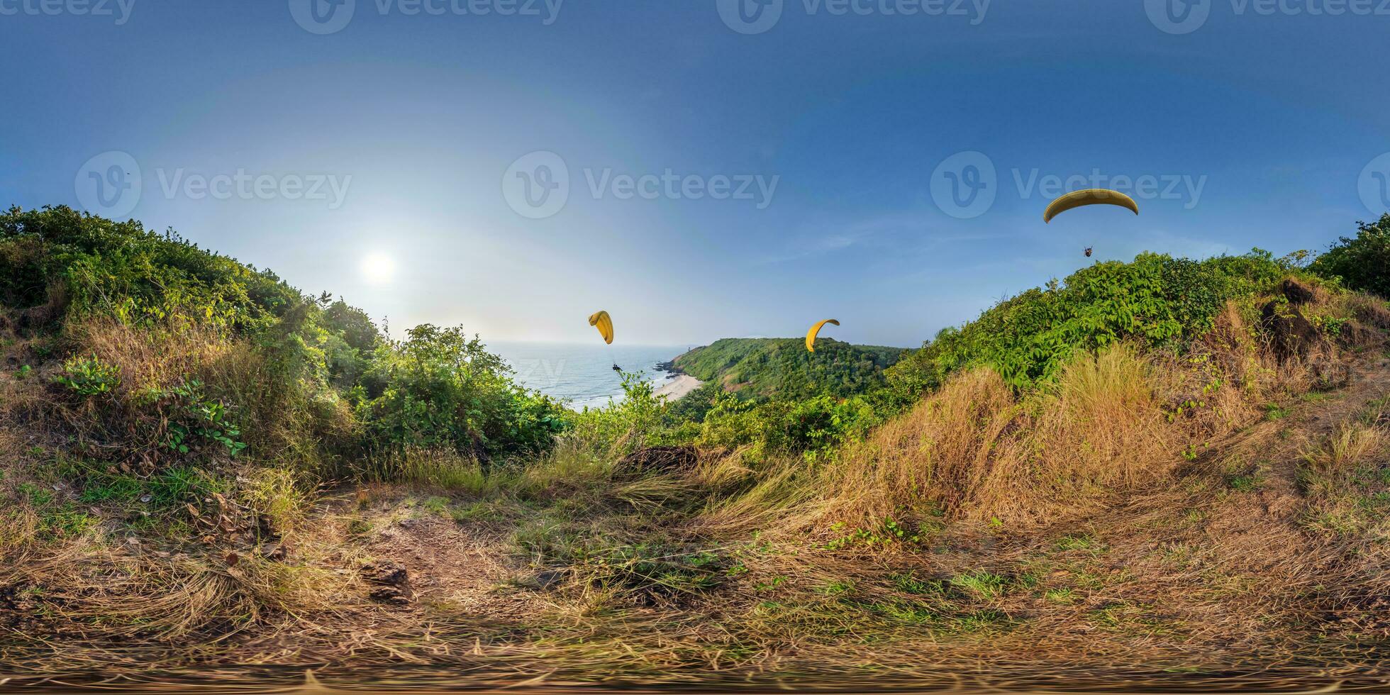 360 hdri panorama with high mountain on ocean coast in equirectangular spherical seamless projection photo