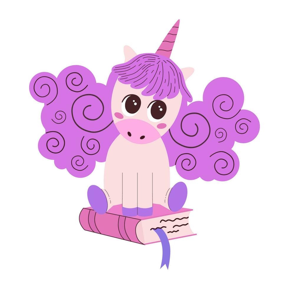 Cute kawaii purple unicorn character in flat style sitting on a magic book, isolated on white background. fairy tale forest magical animal with magic horn in purple pink palette. vector