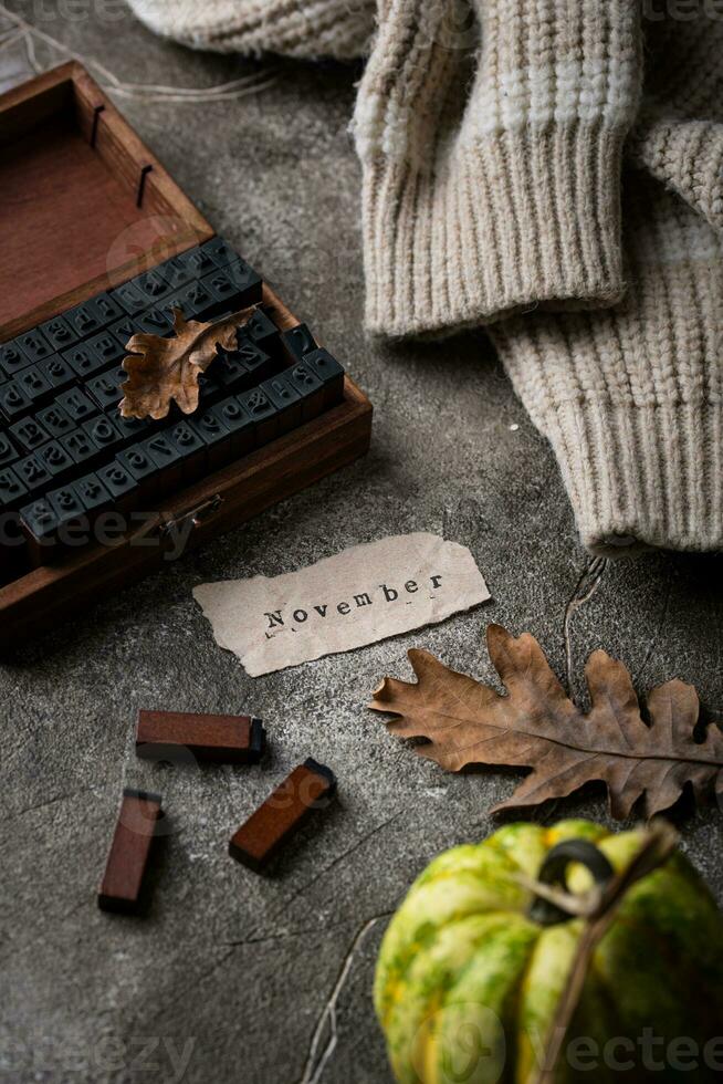 Autumn November still life with letter photo