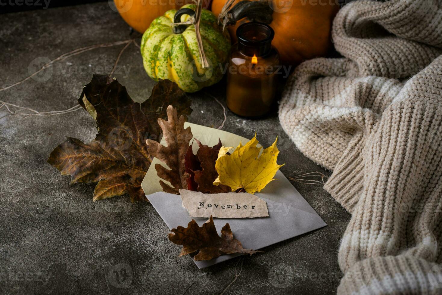 Autumn November still life with letter photo