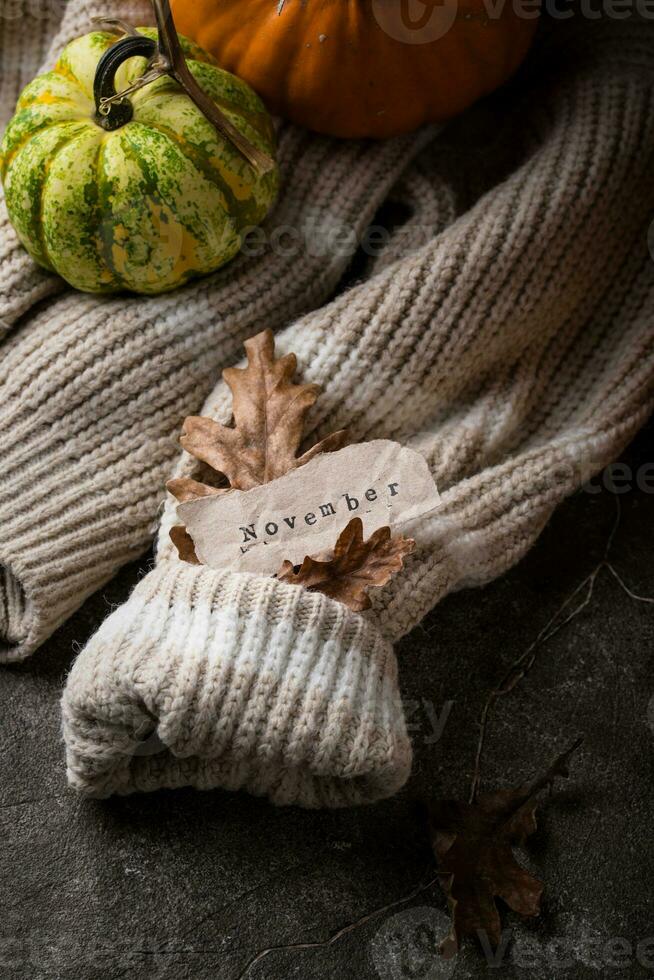 Autumn November still life with letter photo