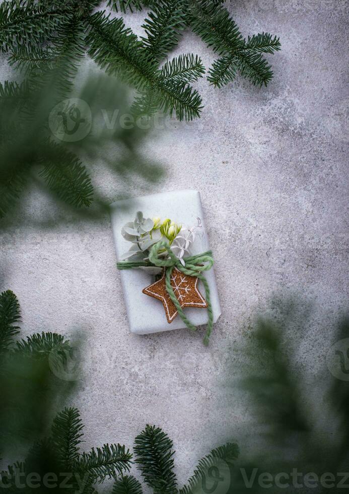 Festive gift box with eco design. Christmas concept photo