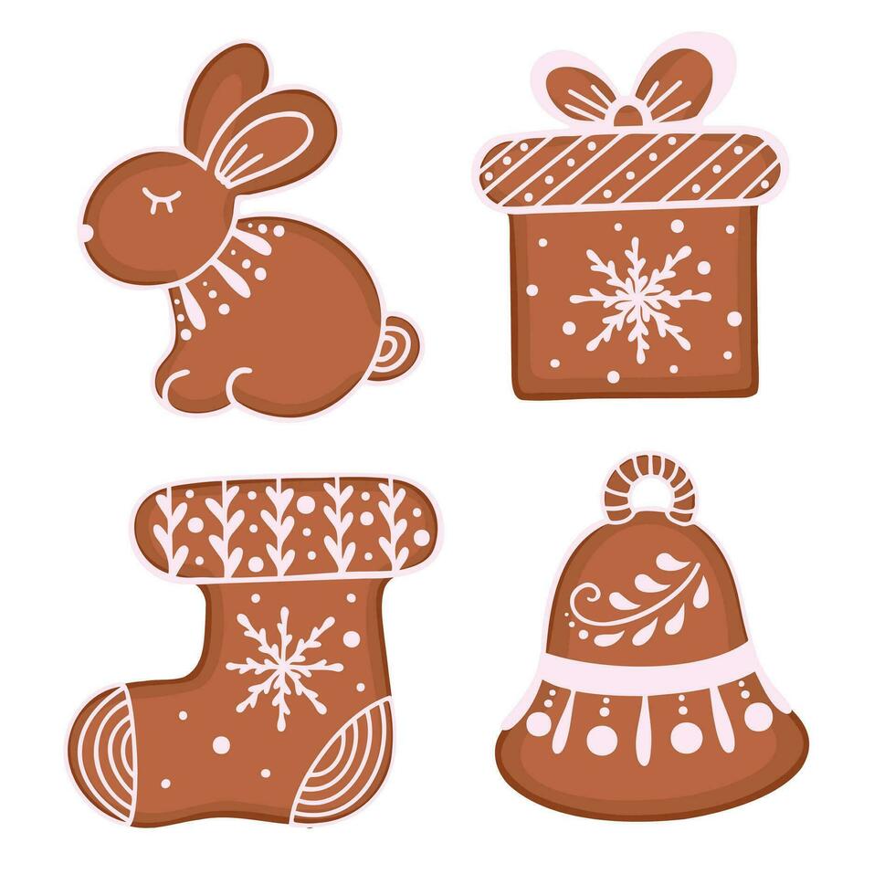 set of curly gingerbread cookies, rabbit, gift box, bell and sock. Illustration for backgrounds and packaging. Image can be used for greeting cards and posters. Isolated on white background. vector