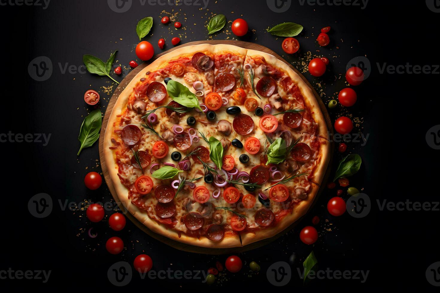 ai generado Pizza en un oscuro antecedentes con Cereza Tomates. rápido alimento. ai generativo foto