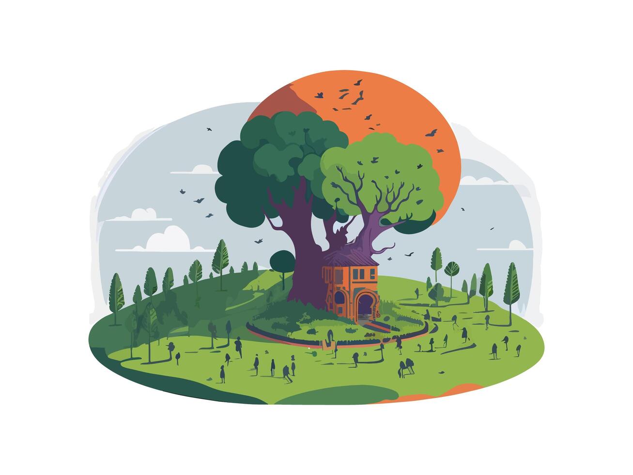 AI generated A tree and a house nature illustration vector on isolated background photo