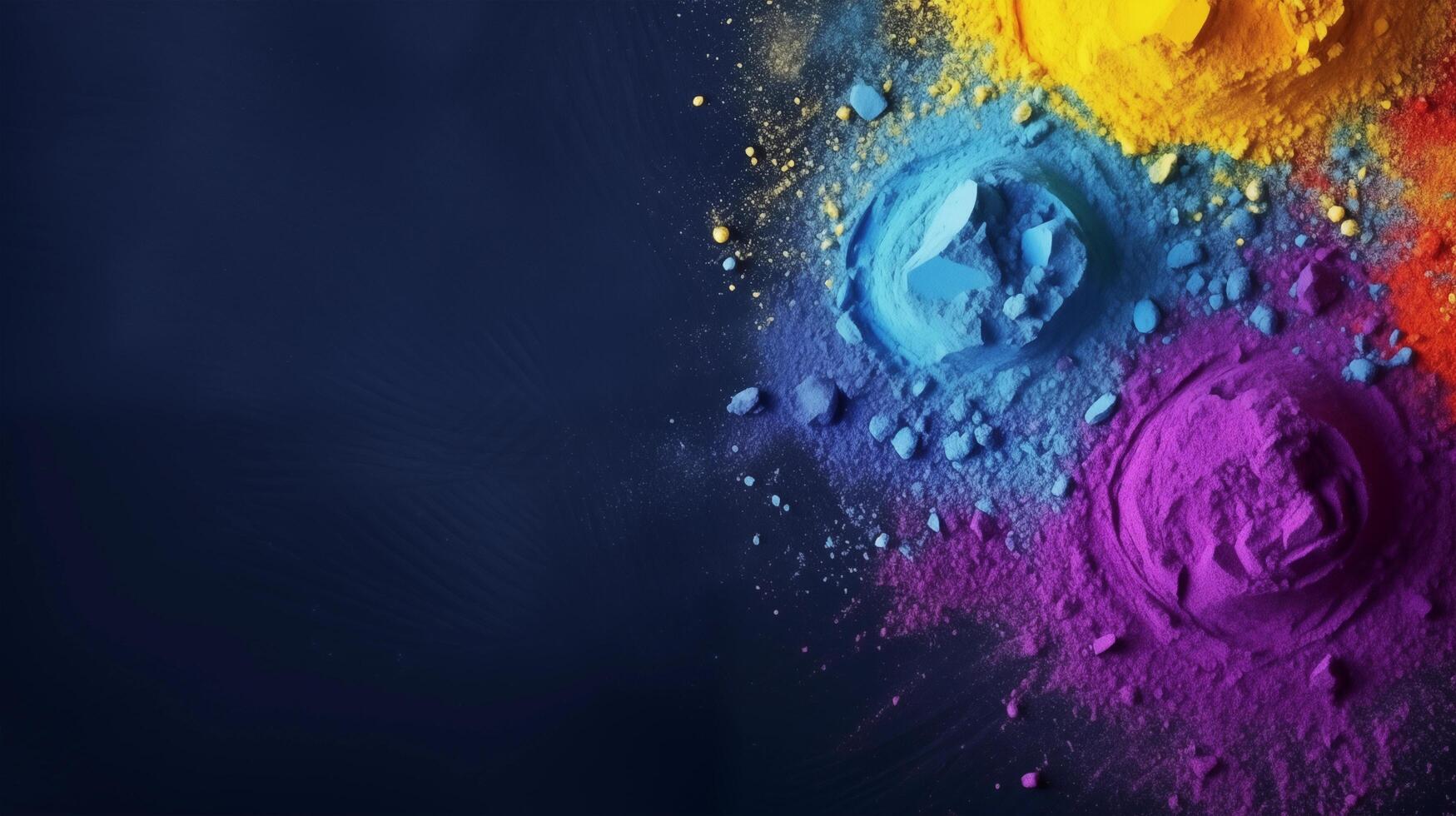 Happy Holi decoration, the indian festival. Top view of colorful holi powder  on dark background. Generative AI Stock Illustration