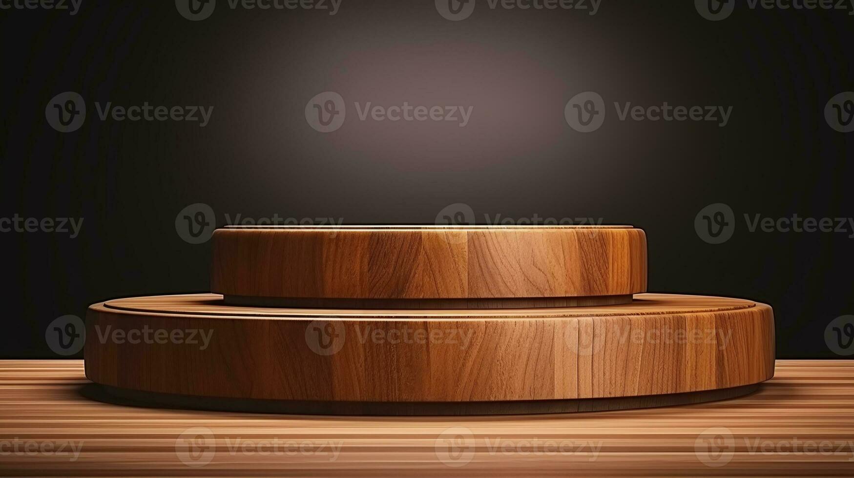 AI generated Empty beautiful round wooden podium under soft spotlight, against a dark gradient background. Suitable for showcasing products. photo