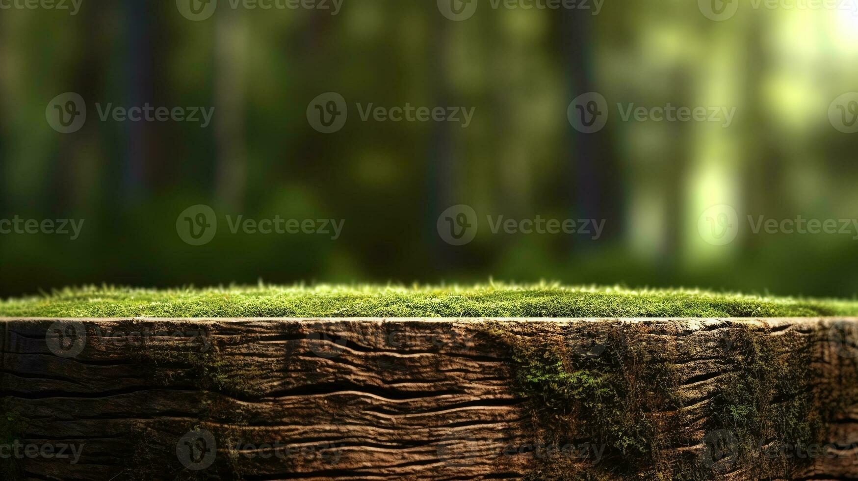 AI generated Empty wooden tabletop with a blurred green leafy background and sunlight filtering through the trees, ideal for product display. photo