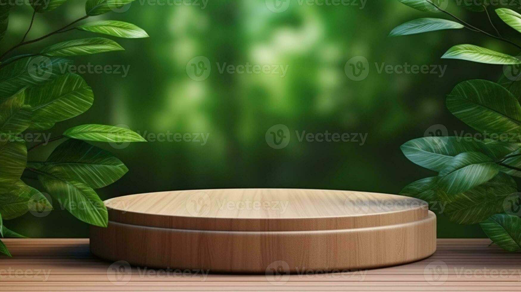 AI generated Empty beautiful round wooden podium under soft spotlight, against a dark gradient background. Suitable for showcasing products. photo