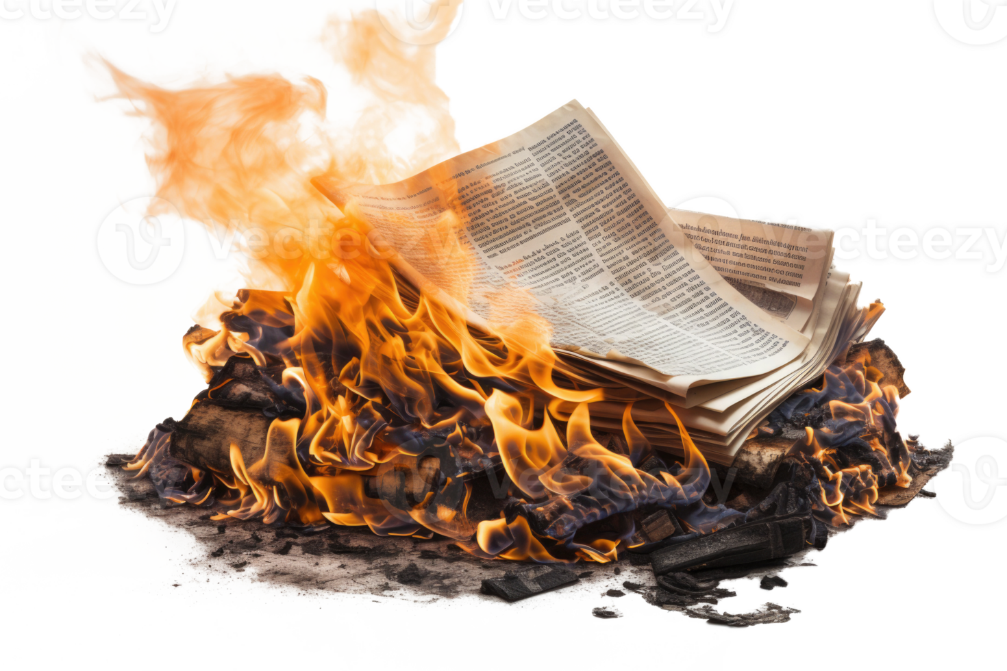 AI generated Burning newspaper with flame. Concept of propaganda and fake news png