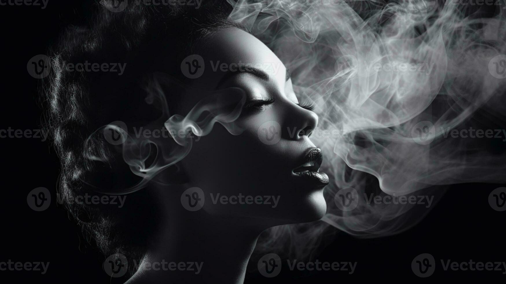 AI generated Black and white artistic portrait of a woman with closed eyes, exhaling smoke that swirls around her face photo