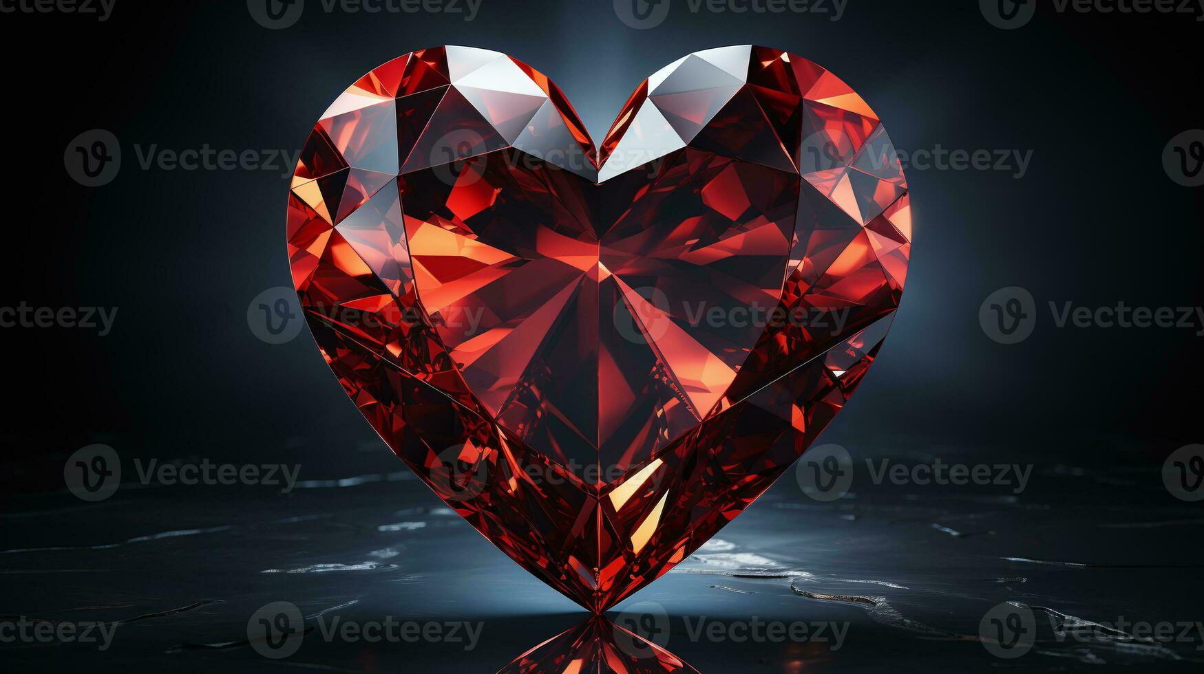 AI generated 3D-rendered image of a large, faceted ruby heart with intricate cuts, shimmering with light, placed on a reflective, dark background photo