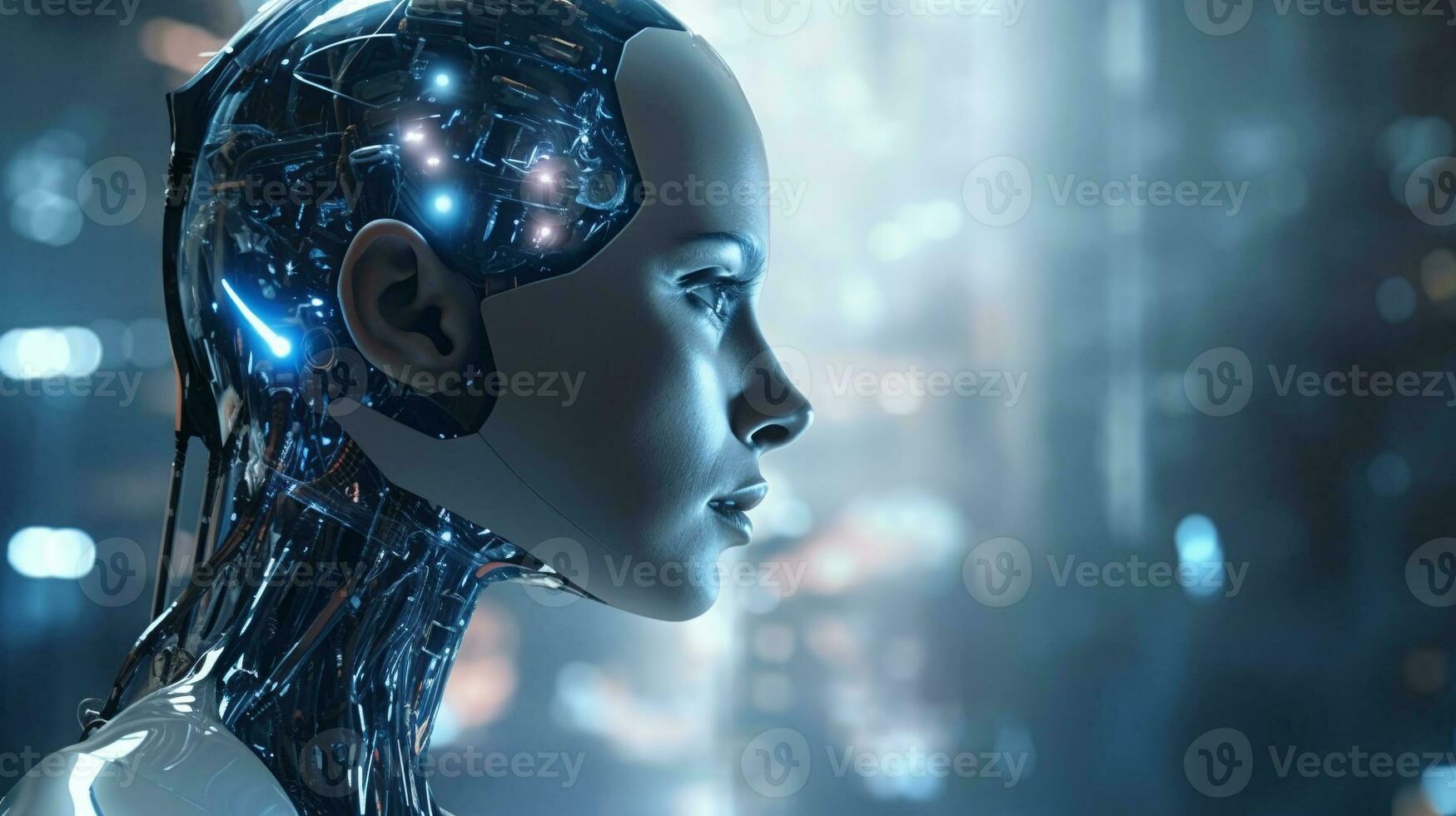 AI generated Female android head with visible internal mechanisms, illuminated with blue lights, profile view against a blurred cityscape background. photo