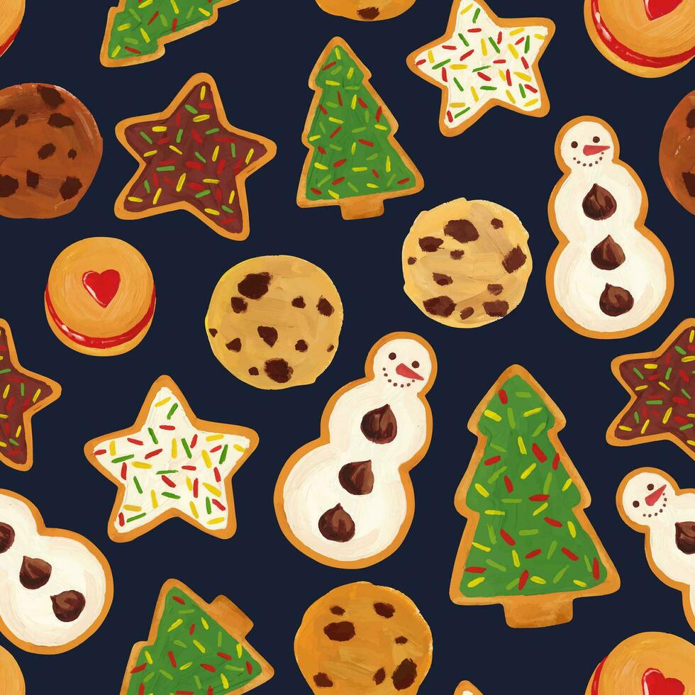 Seamless Christmas pattern with a variety of painting gingerbread Christmas cookies on a blue background. vector