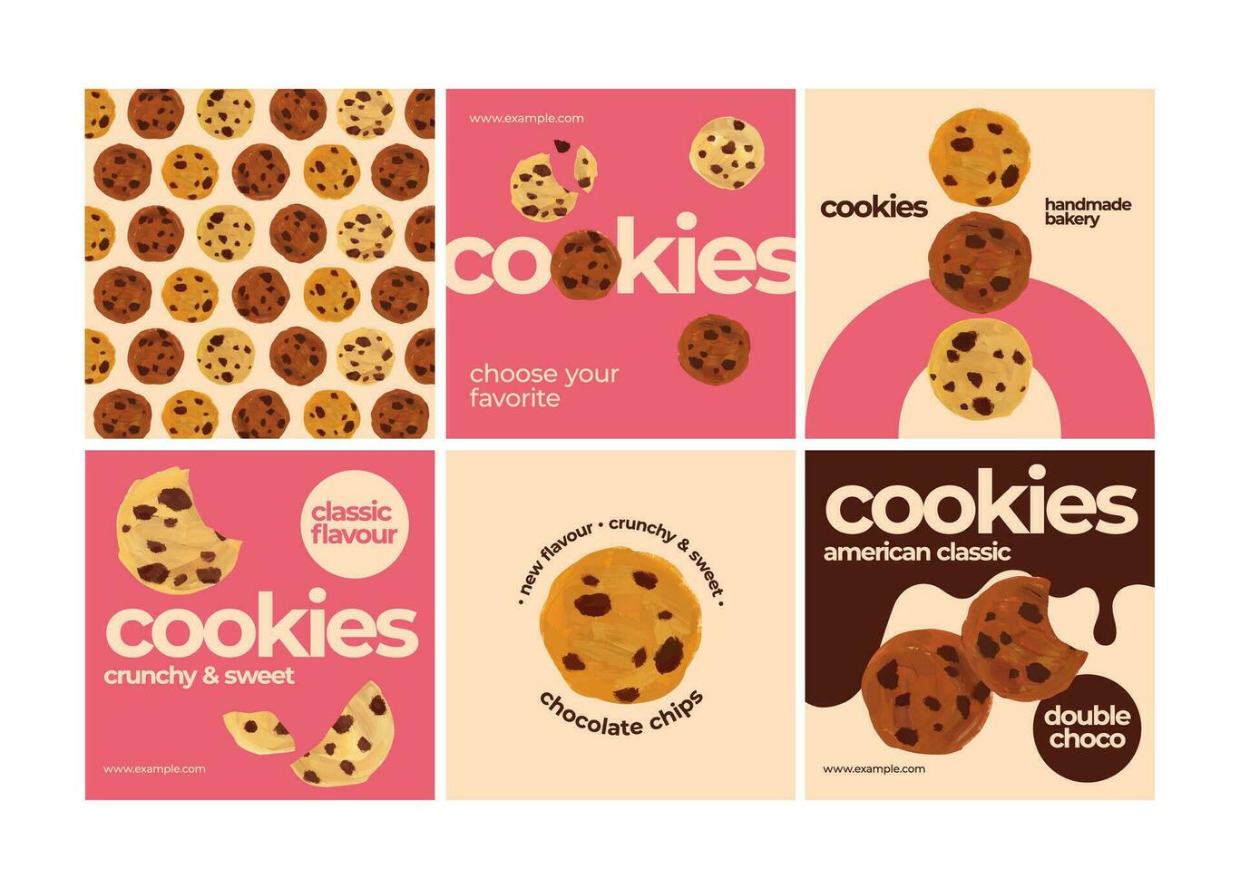 Bakery shop social media templates for posts, ads banners set. Promo posters design for cookies brand or bake shop production, isolated layouts with choco chip cookies painting vector illustration