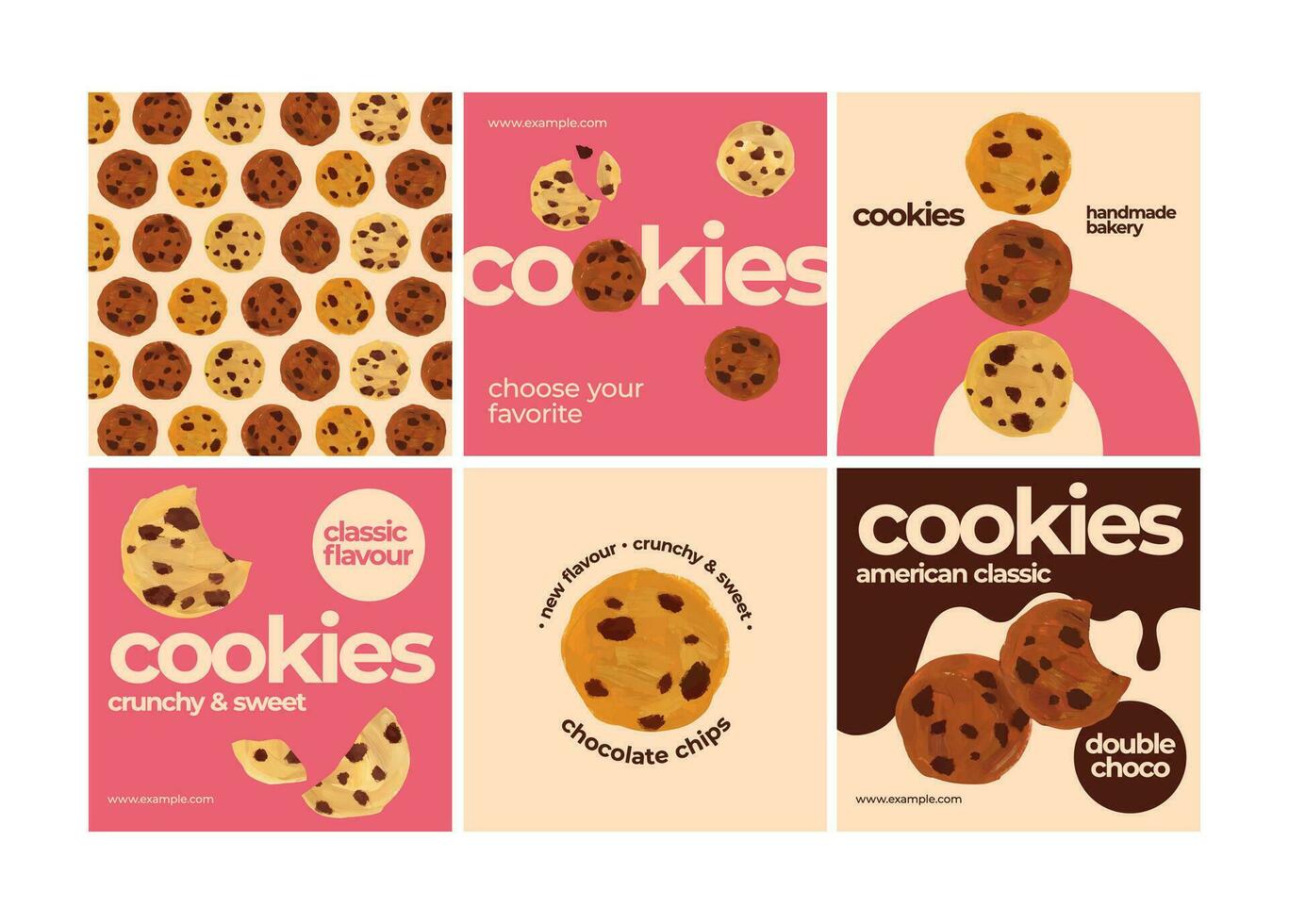 panadería tienda social medios de comunicación plantillas para publicaciones, anuncios pancartas colocar. promoción carteles diseño para galletas marca o hornear tienda producción, aislado diseños con choco chip galletas pintura vector ilustración