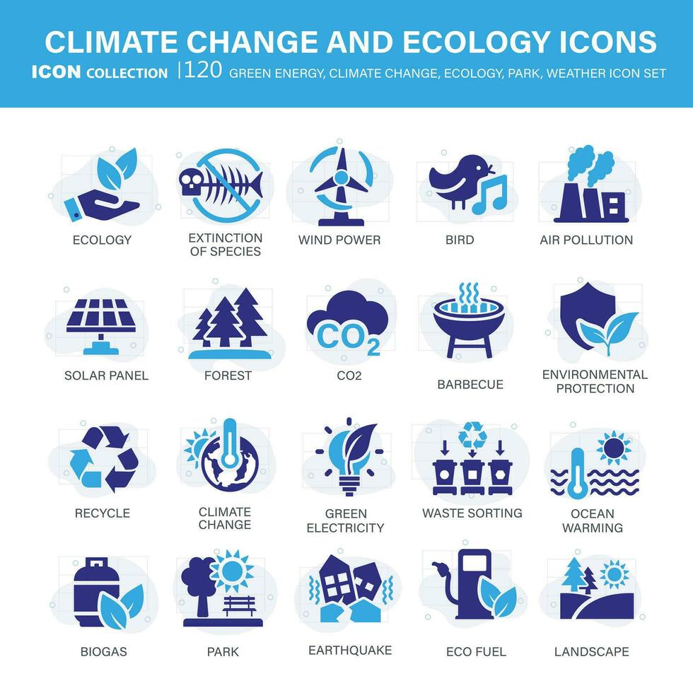 Climate change, ecology, green energy, park and weather icon set. Containing global warming, renewable energy, greenhouse, melting ice, earth pollution, outdoor activity. Flat vector illustration