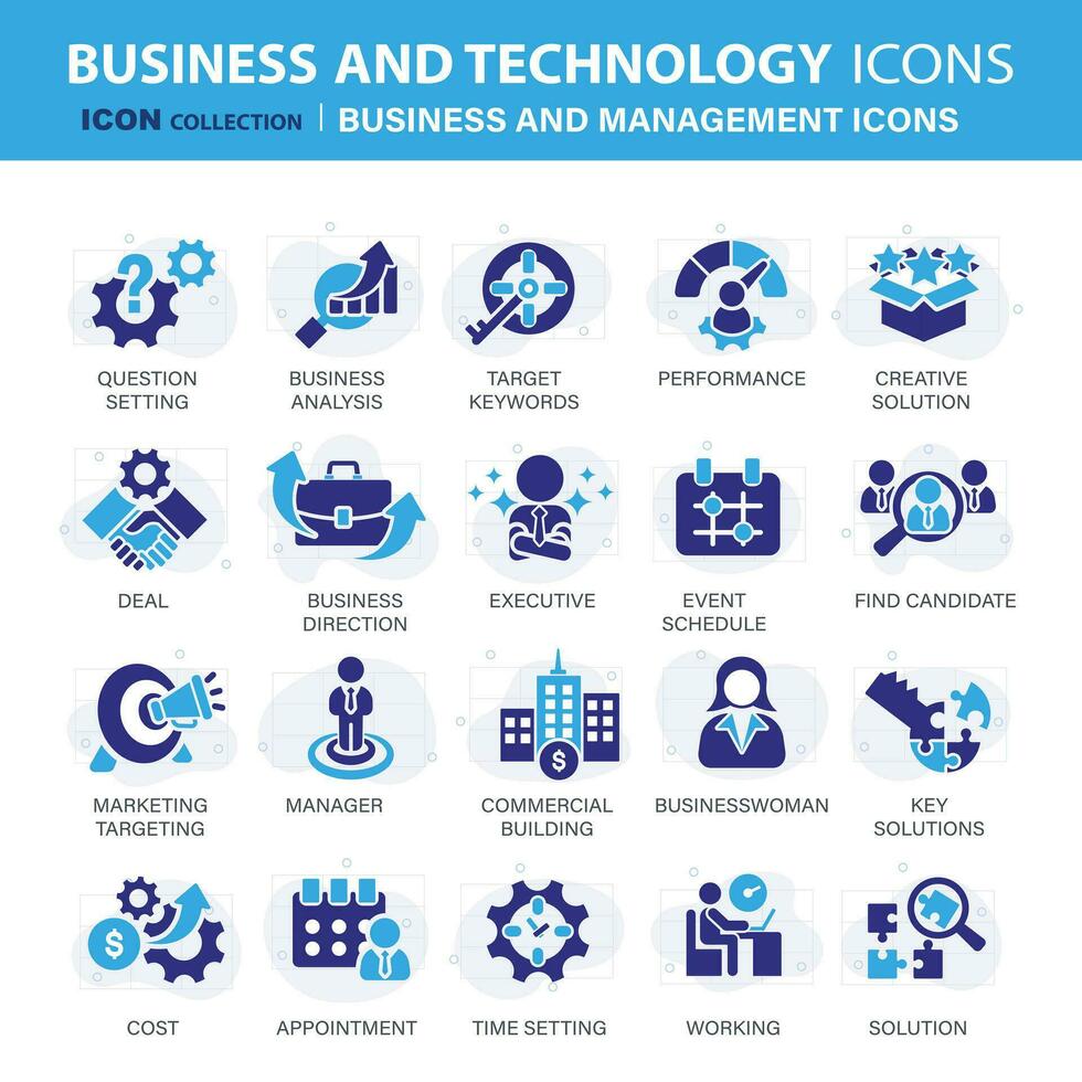 Business and marketing, management, find job, meeting, teamwork collection. Set of blue icons set. Flat vector illustration