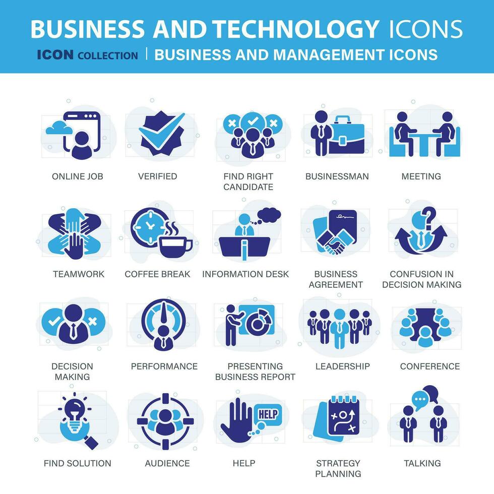 Business and marketing, management, find job, meeting, teamwork collection. Set of blue icons set. Flat vector illustration