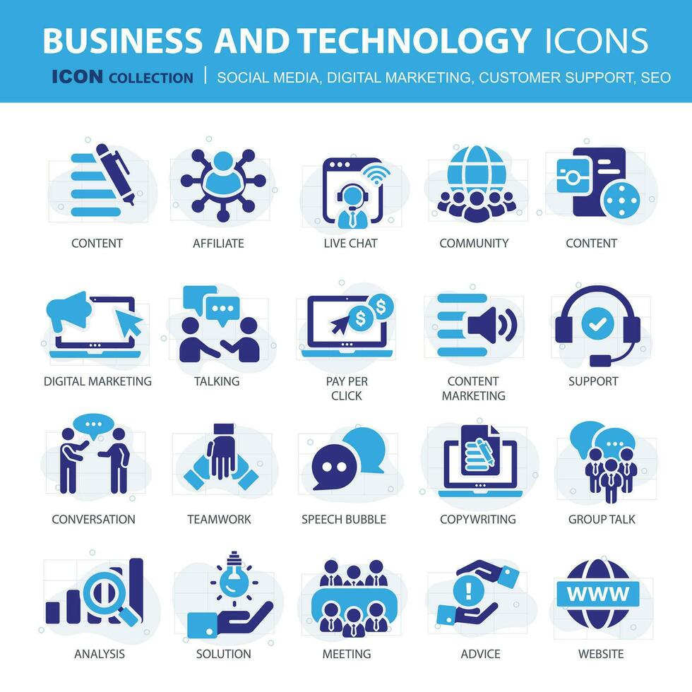 Business, data analytics, organization management icons. Social media, digital marketing, customer support and seo icon set. Vector icon collection