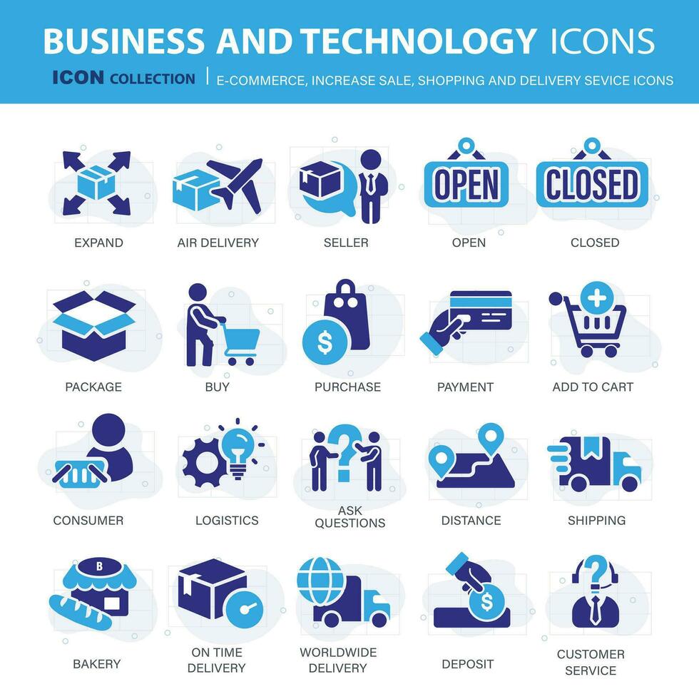 comercio electrónico, incrementar venta, en línea compras y digital finanzas icono recopilación. plano vector ilustración