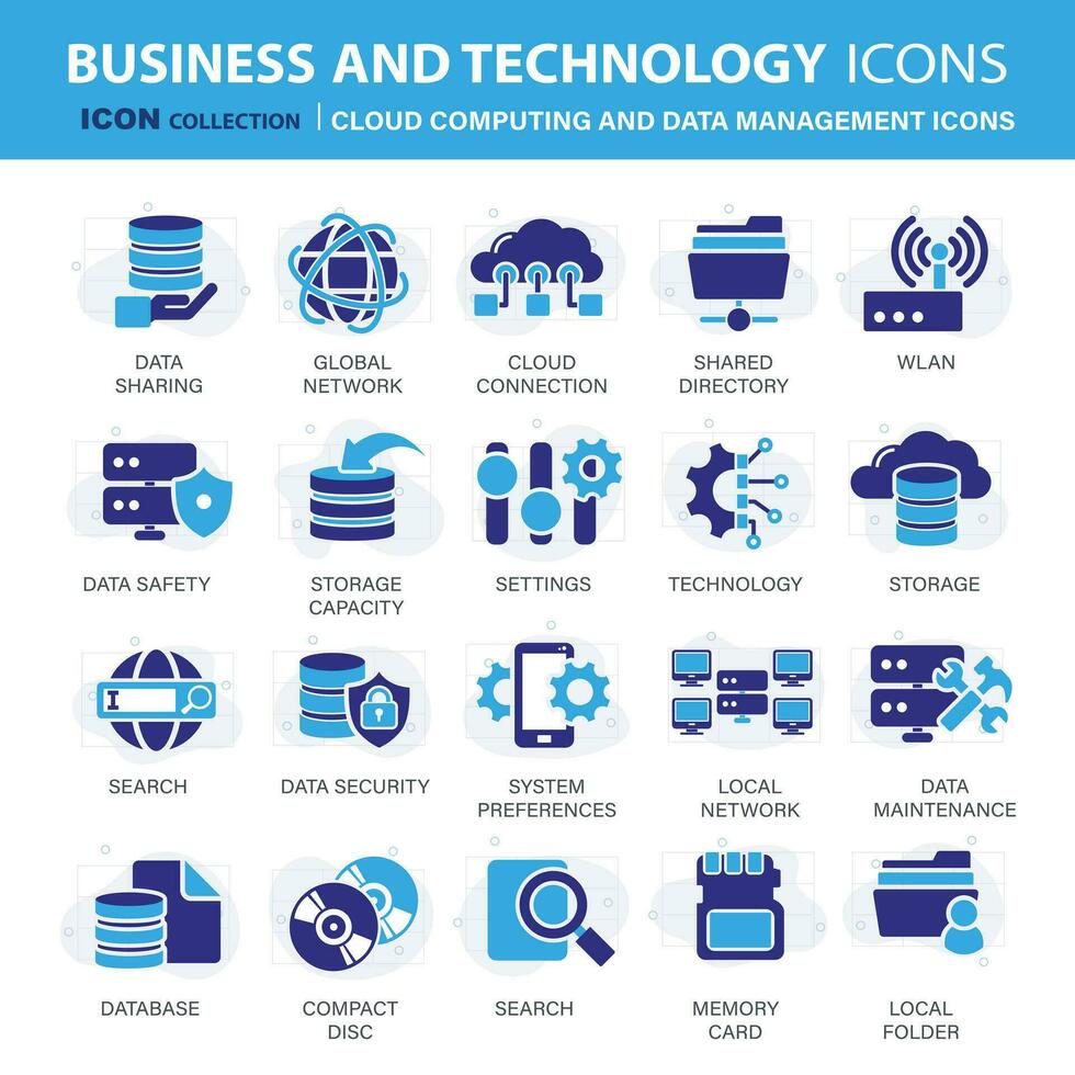 tecnología, nube informática y datos administración icono colocar. móvil, informática, conexiones, nube y redes icono colocar. íconos vector colección