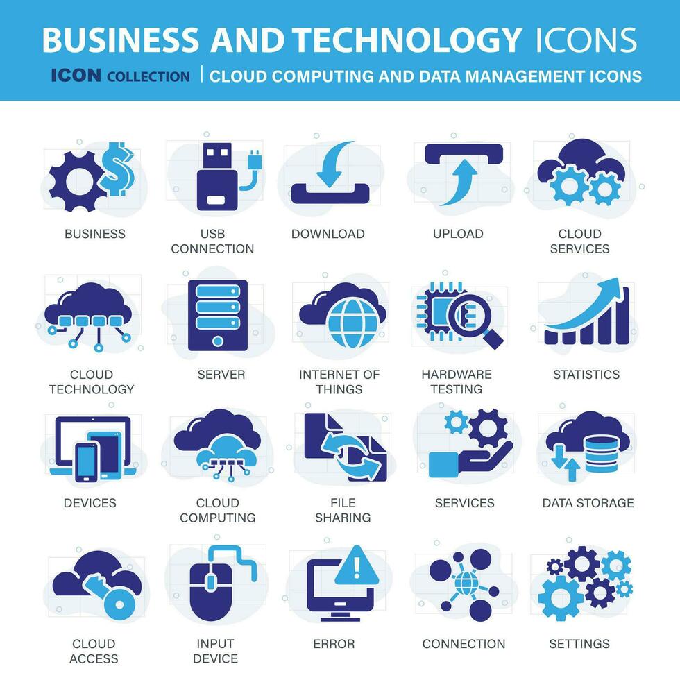 tecnología, nube informática y datos administración icono colocar. móvil, informática, conexiones, nube y redes icono colocar. íconos vector colección