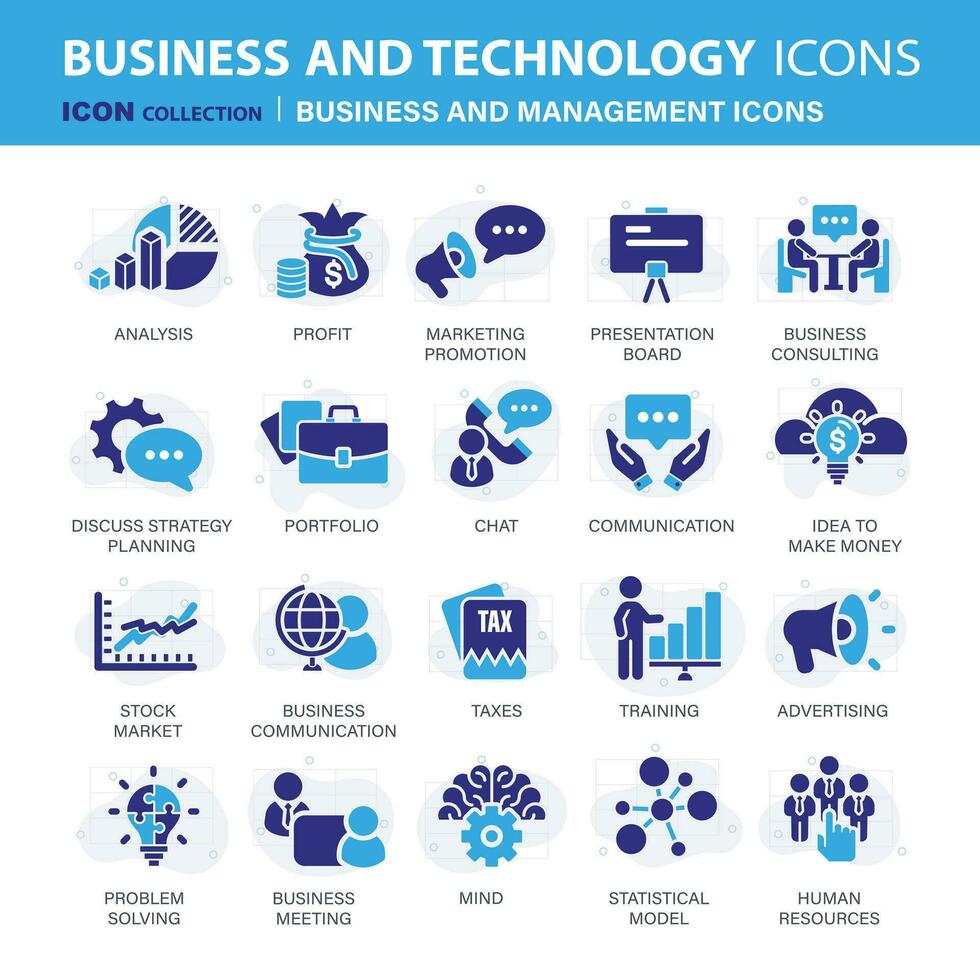 Business and management icon set. Icons for leadership, teamwork, job and work, statistics, analytics and advertising. Flat vector illustration. Blue icon for business collection