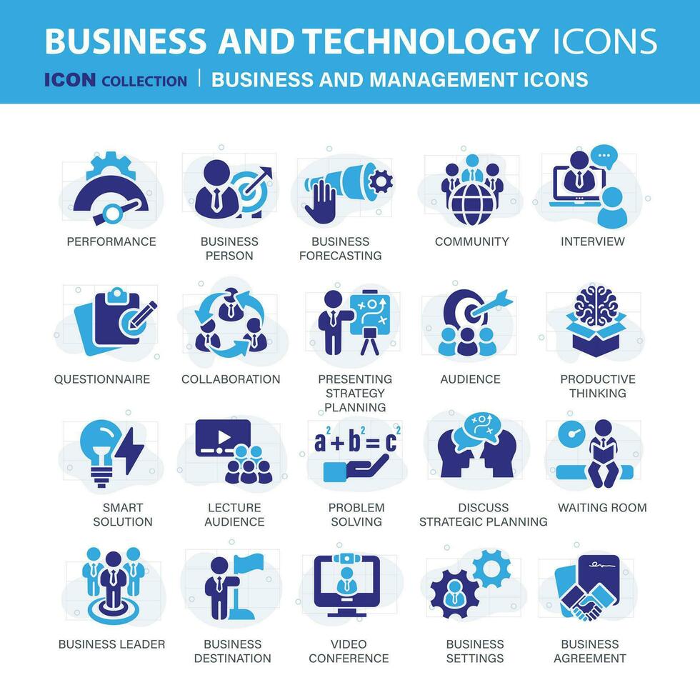 Business and management icon set. Icons for leadership, teamwork, job and work, statistics, analytics and advertising. Flat vector illustration. Blue icon for business collection