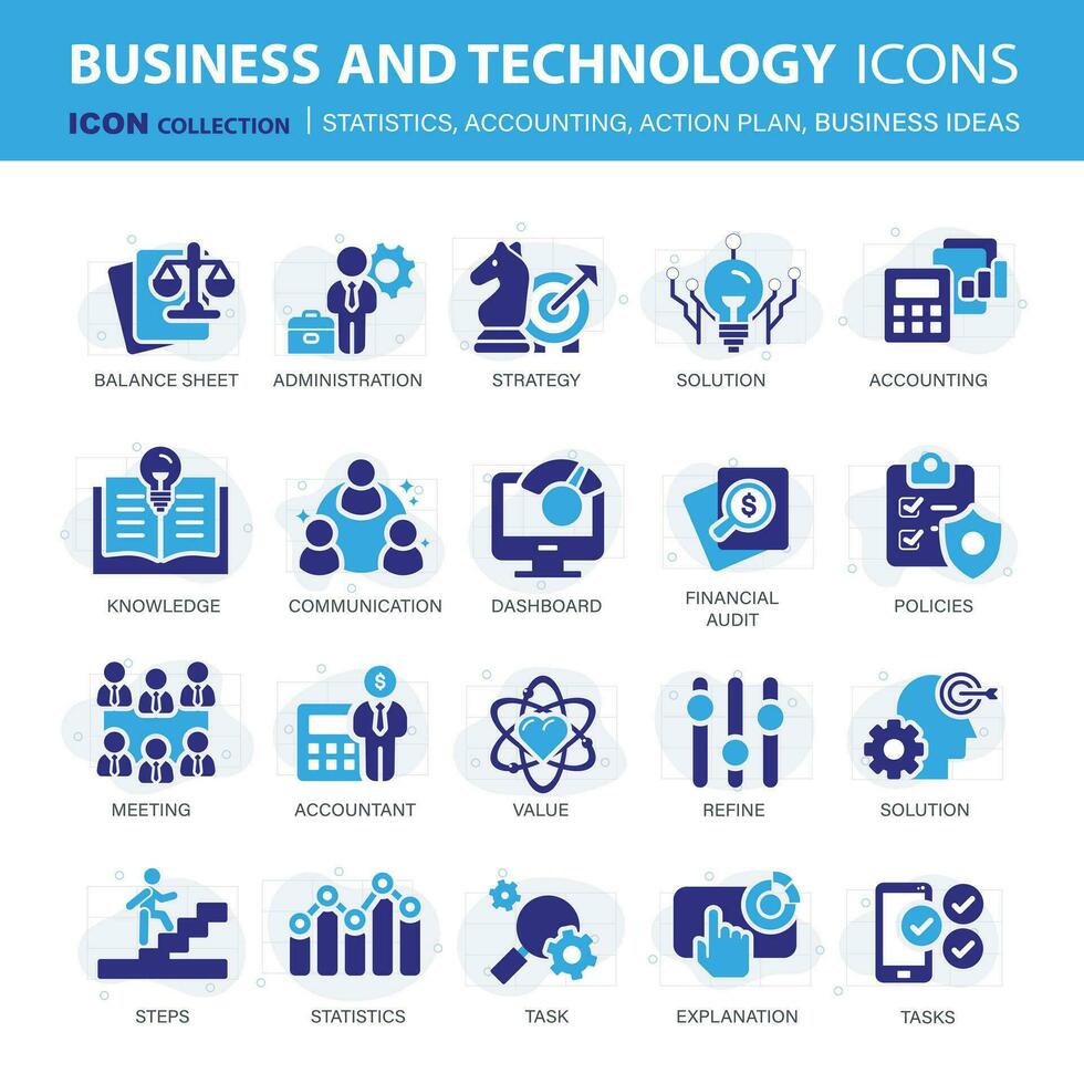 Icons collection for business and management. Concept icons for statistics, accounting, action plan and business ideas. Flat vector illustration