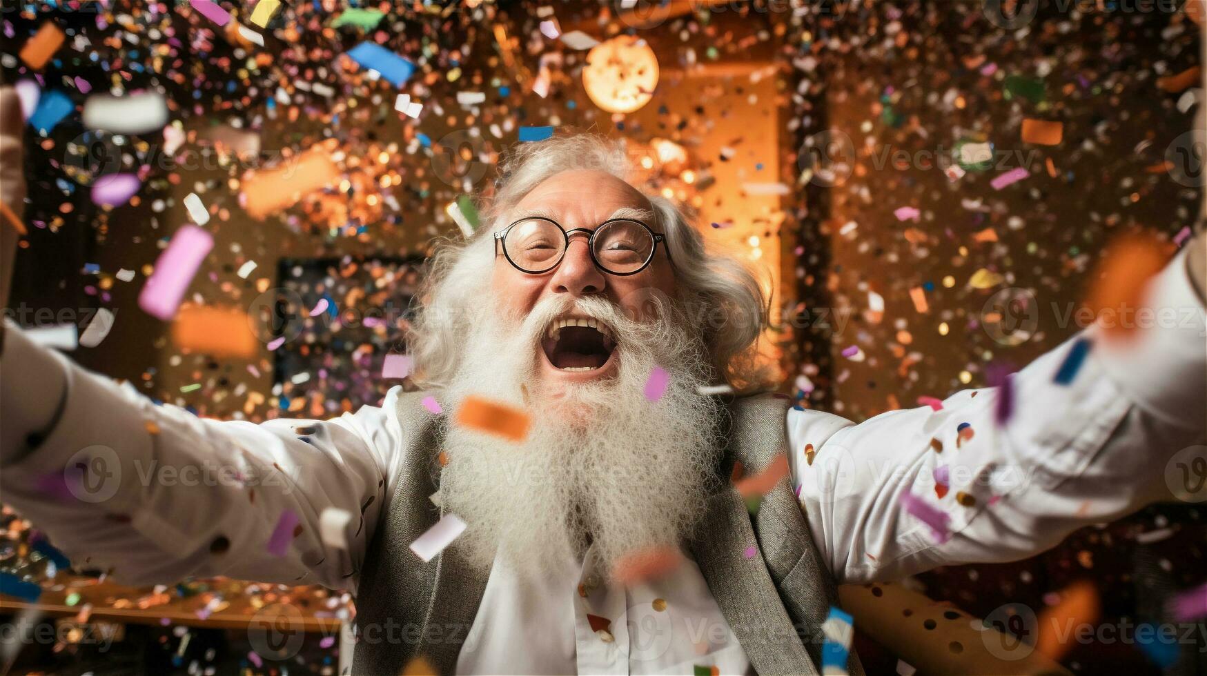 AI Generated old man with white beard celebrates a party with a lot of confetti photo