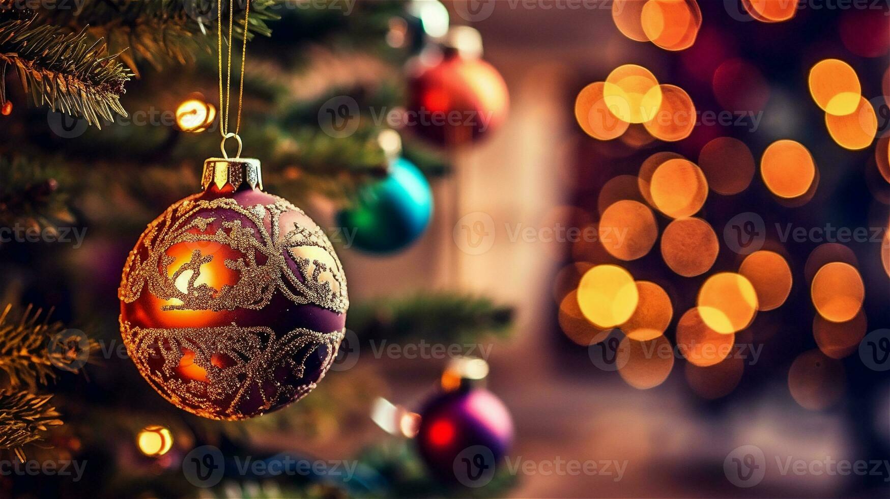 AI Generated christmas tree decoration hangs on a branch in cozy christmas atmosphere photo