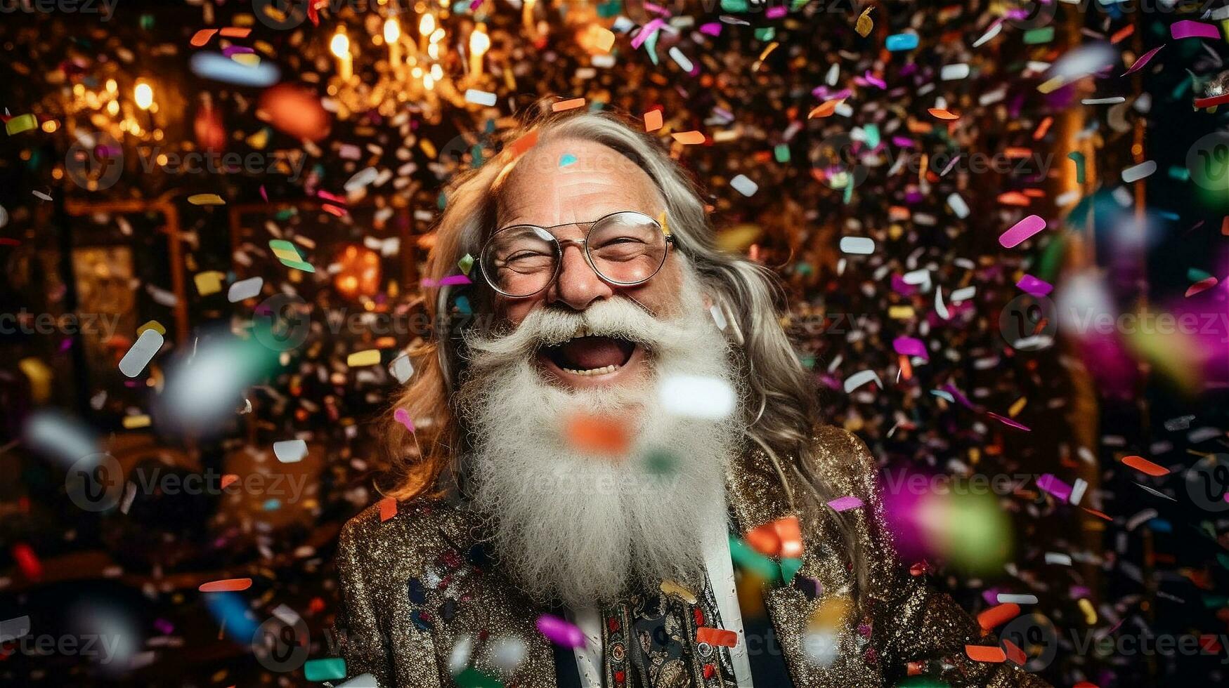 AI Generated old man with white beard celebrates a party with a lot of confetti photo