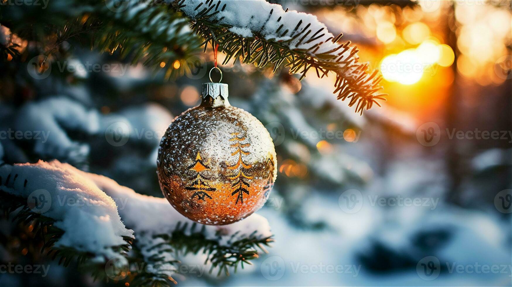 AI Generated christmas tree decoration hangs on a branch in cozy christmas atmosphere photo