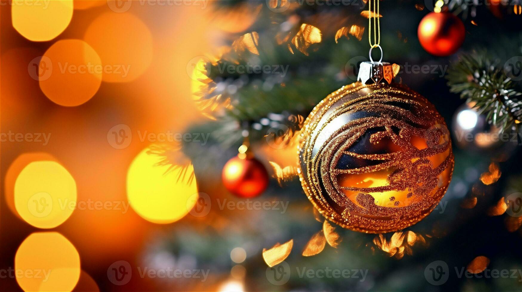 AI Generated christmas tree decoration hangs on a branch in cozy christmas atmosphere photo