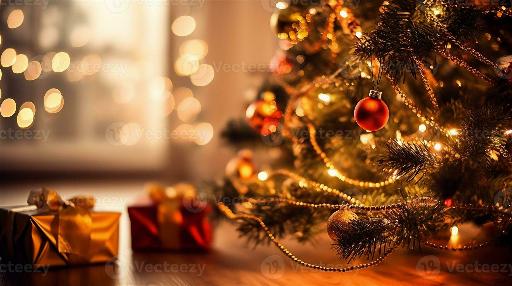 AI Generated a decorated Christmas tree in a cozy house at Christmas time photo