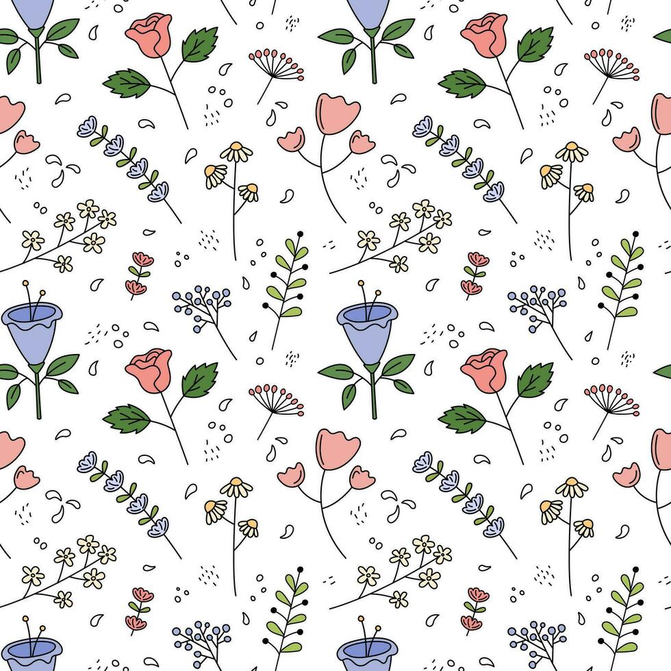 Floral pattern. White vector seamless background with cute hand drawn flowers, leaf elements. Decorative plants repeat illustration