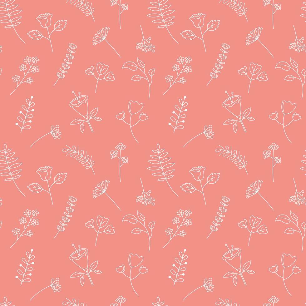 Cute flowers pattern vector seamless background. Hand drawn floral elements. Decorative plants and leaves repeat illustration