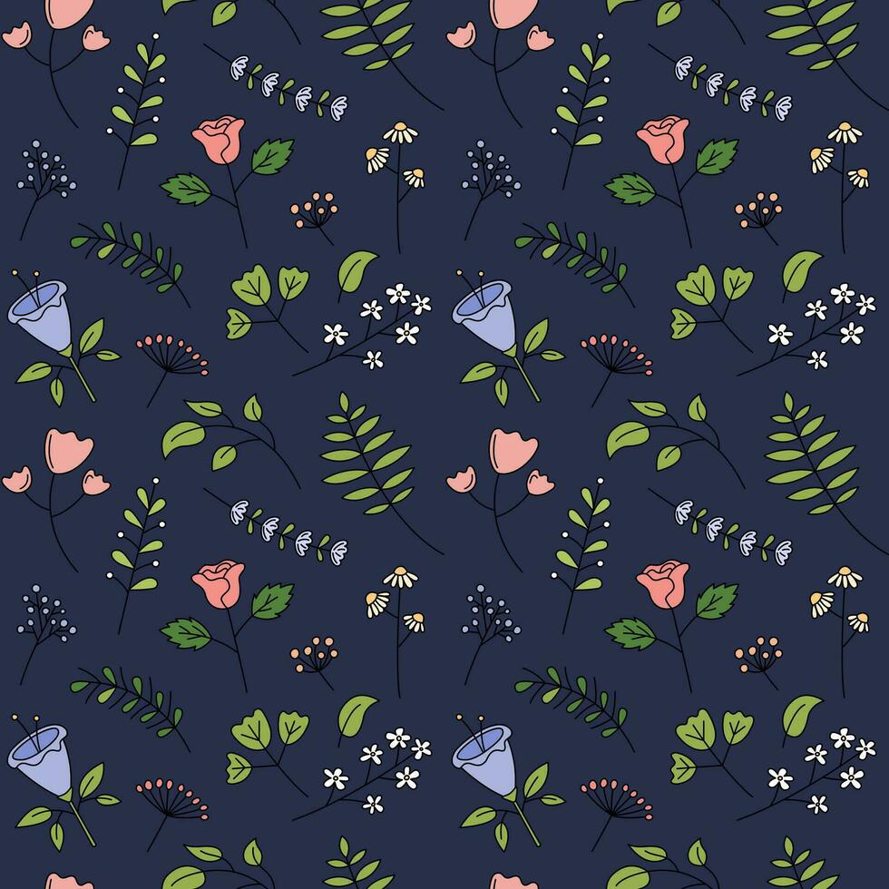 Floral pattern vector seamless background. Cute hand drawn flowers, leaf elements. Decorative plants repeat illustration.