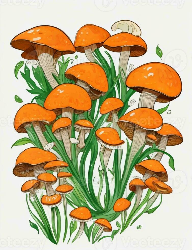 AI Generated Floral Hippie Mushrooms Summer Groovy Flower. Boho retro colours whimsical fly agaric dark background fungus surface design. photo