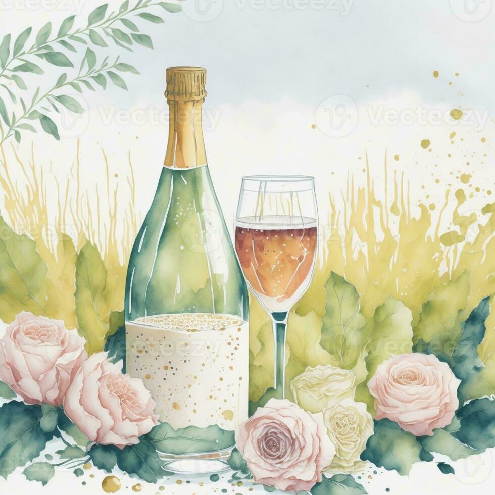 AI Generated Watercolor Arrangement with Glasses of Champagne, photo