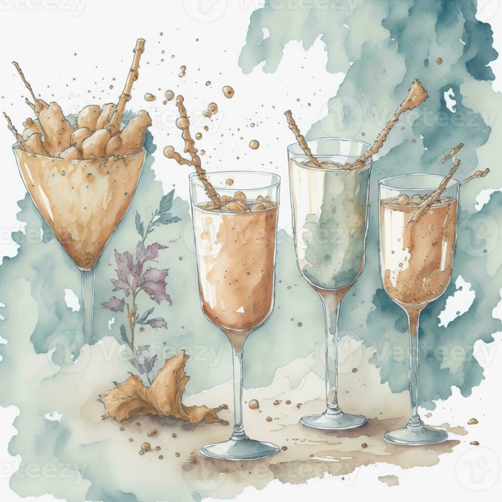 AI Generated Watercolor painting of clinking glasses with wine and toasting against a blue sky, cheers concept. Computer generated illustration. photo