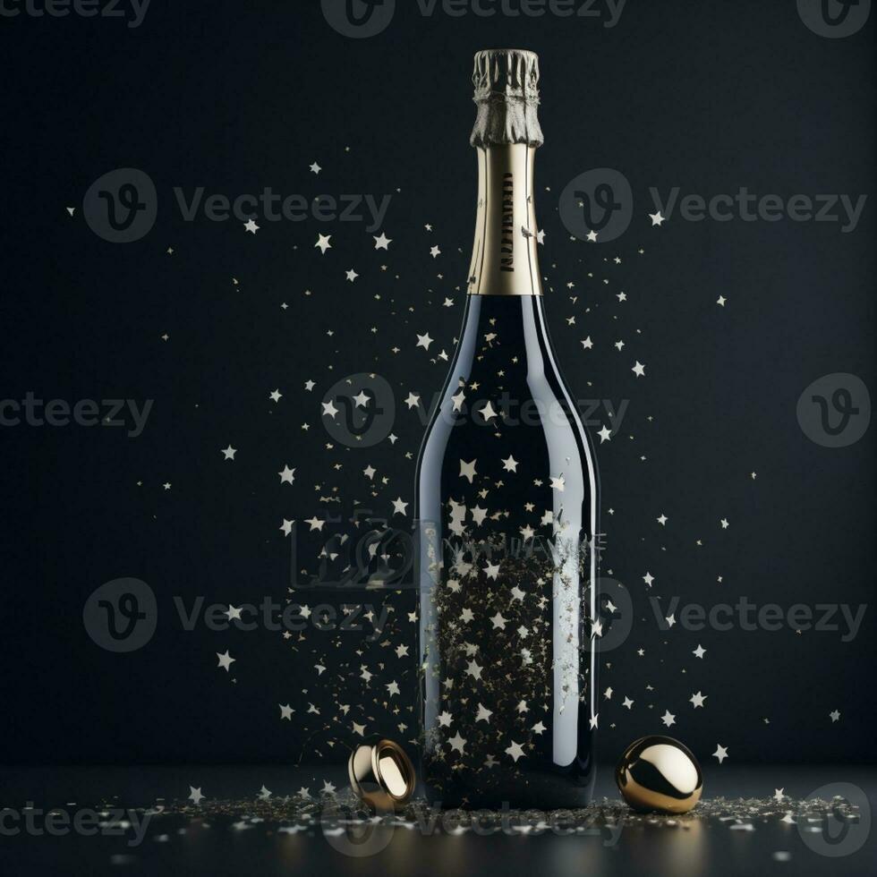 AI Generated Black champagne bottle silhouette golden bubbles explosion photo
