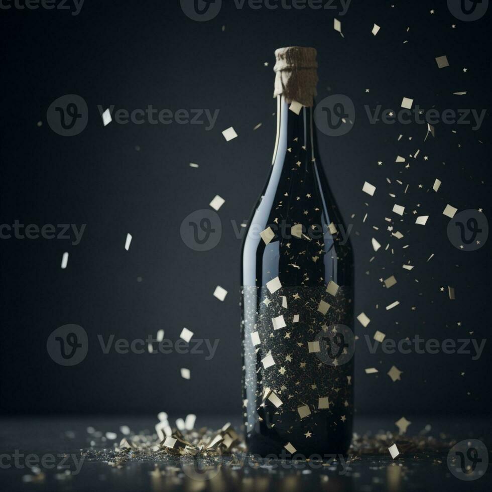 AI Generated Black champagne bottle silhouette golden bubbles explosion photo