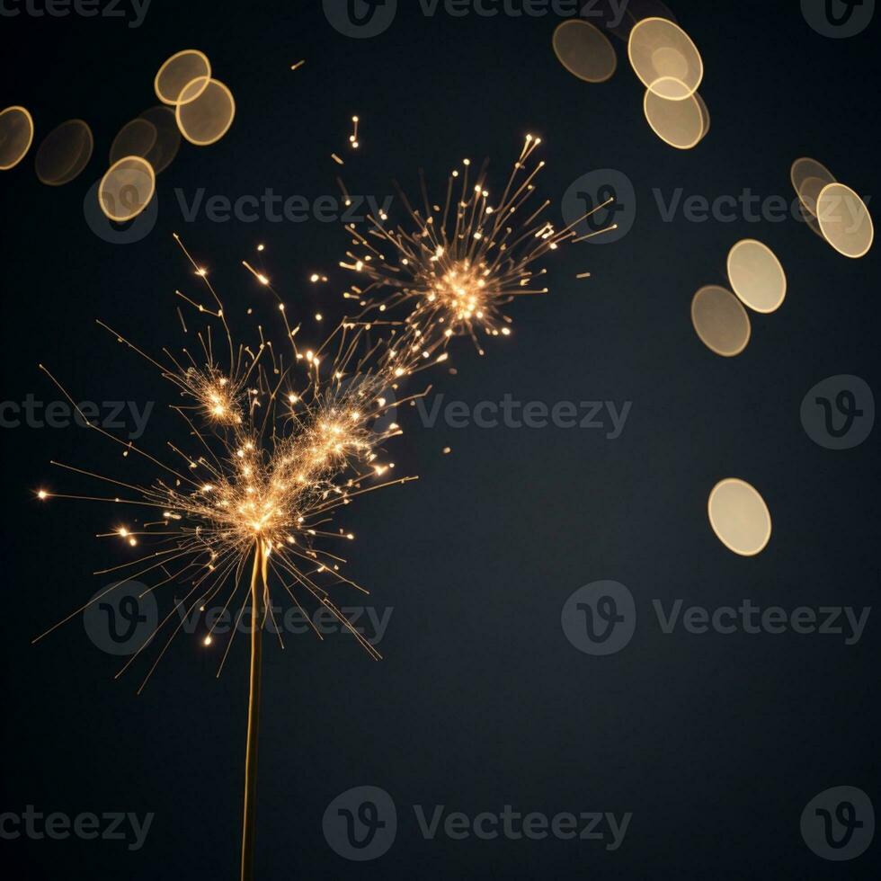 AI Generated Burning Bengal fire on a black background. Christmas, New Year sparkle fire. Festive background, bengal light on the dark background. Fireworks photo
