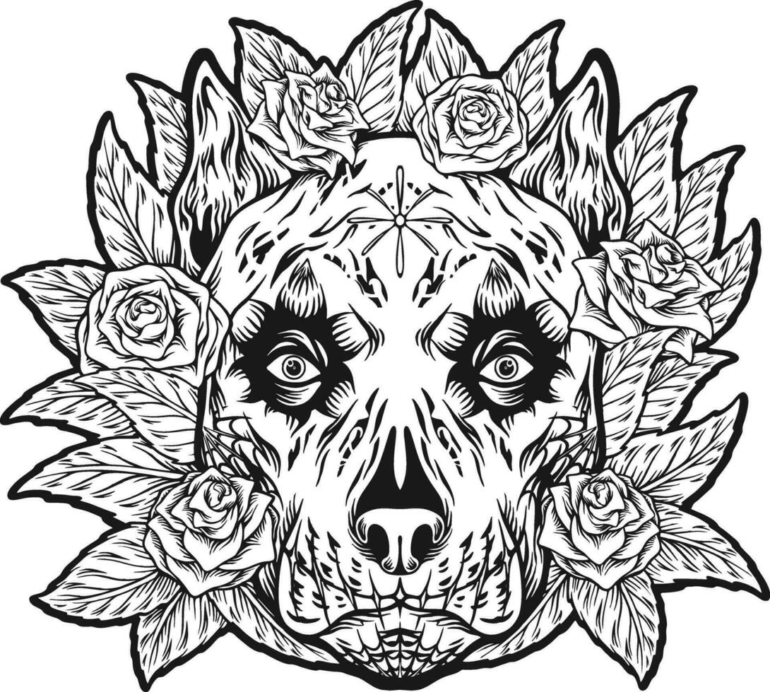 Floral fantasy dog head muerte monochrome vector illustrations for your work logo, merchandise t-shirt, stickers and label designs, poster, greeting cards advertising business company or brands.