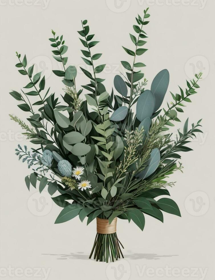 AI Generated Bouquet of eucalyptus and succulents in pots stand on a table photo