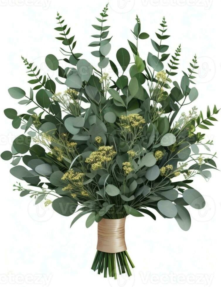 AI Generated Bouquet of eucalyptus and succulents in pots stand on a table photo