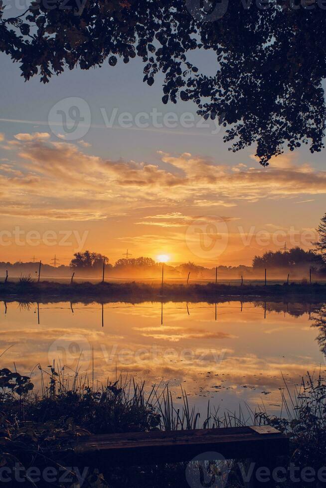 Reflection on pond in sunrise photo