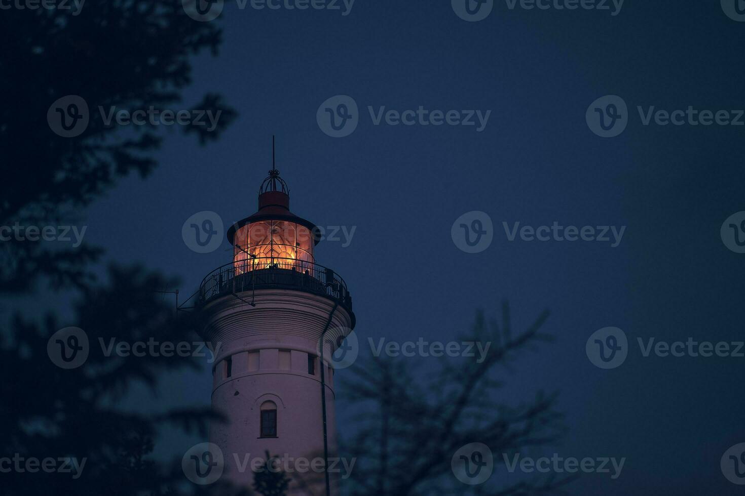 Lighthouse in the early morning hours through some branches photo